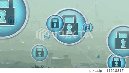 Image of multiple security padlock icons floating against aerial view of cityscape 116188174