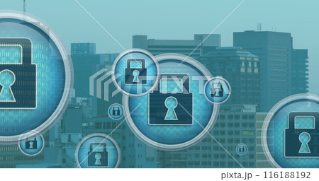 Image of padlock icons over cityscape 116188192