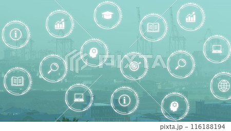Image of multiple digital icons floating against aerial view of cityscape 116188194
