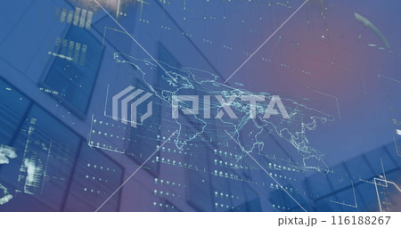 Image of interface with data processing over world map against low angle view of tall building Image of interface with data processing over world map against low angle view of tall building 116188267