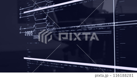 Image of numbers, circuit board patterns, computer language, midsection of man working on laptop 116188281