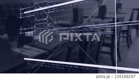 Image of changing numbers, circuit board patterns, computer language over empty office Image of changing numbers, circuit board patterns, computer language over empty office 116188287
