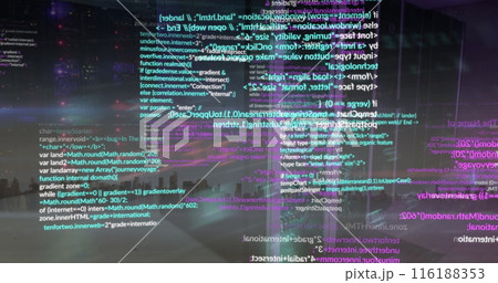 Image of cyber security data processing over computer server room against view of cityscape 116188353