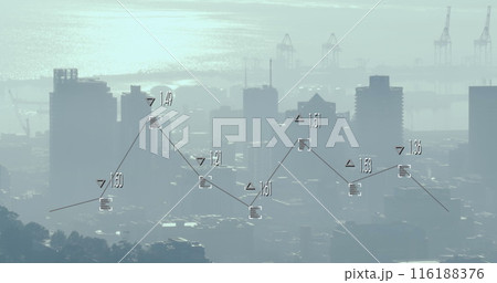 Image of graph with changing numbers and viewfinders over modern cityscape against cloudy sky Image of graph with changing numbers and viewfinders over modern cityscape against cloudy sky 116188376