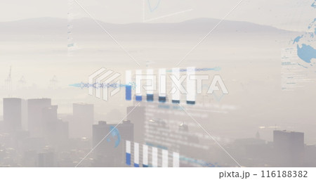Image of graphs, globes, soundwaves over fog covered cityscape against mountain and sky 116188382