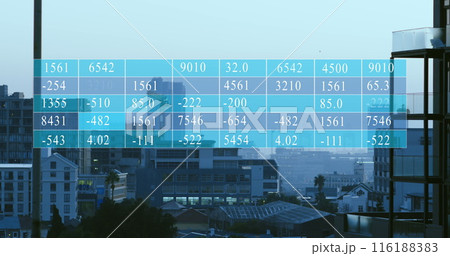Image of data processing against aerial view of cityscape Image of data processing against aerial view of cityscape 116188383