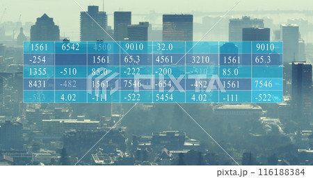 Image of data processing against aerial view of cityscape Image of data processing against aerial view of cityscape 116188384
