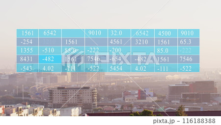 Image of numbers in table over modern cityscape against sky 116188388