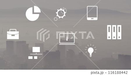 Image of icona and financial data processing over cityscape 116188442