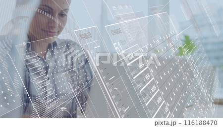 Image of financial data processing over caucasian businesswoman using laptop in office 116188470