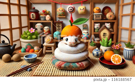 お正月飾りの鏡餅に変装したかわいいボールパイソン 116188567