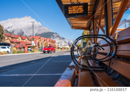 Banff High School Transit Hub. Bus stop on Banff Avenue. Alberta, Canada. 116188657