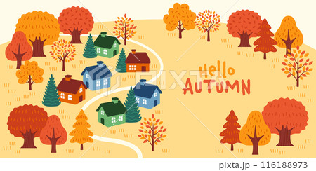 秋の背景素材 かわいい家と紅葉の風景 秋の背景素材 かわいい家と紅葉の風景 116188973