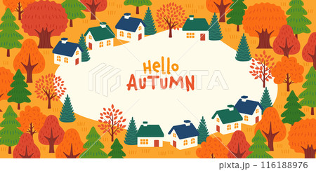 秋の背景素材　かわいい家と紅葉の風景 116188976