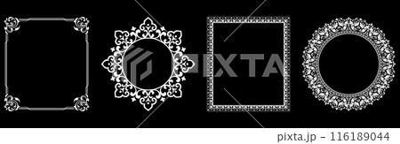 Set of decorative frames Elegant vector element for design in Eastern style, place for text. Floral black and white borders. Lace illustration for invitations and greeting cards. Set of decorative frames Elegant vector element for design in Eastern style, place for text. Floral black and white borders. Lace illustration for invitations and greeting cards. 116189044