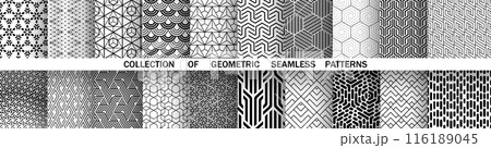 Geometric set of seamless black and white patterns. Simple vector graphics. Geometric set of seamless black and white patterns. Simple vector graphics. 116189045