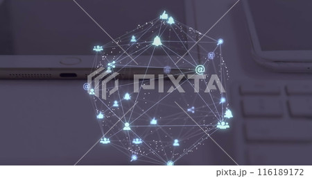 Image of globe of digital icons spinning over close up of laptop, diary and tablet on a table Image of globe of digital icons spinning over close up of laptop, diary and tablet on a table 116189172