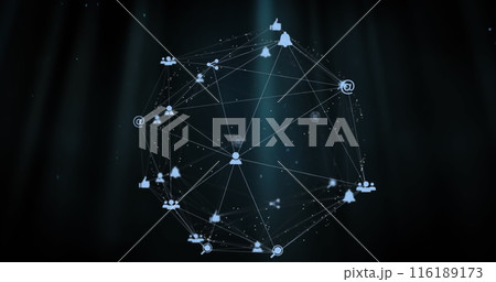 Image of globe of digital icons spinning and blue light trails against black background 116189173