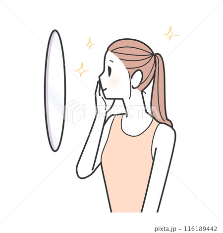 鏡で自分の顔を見る女性 116189442