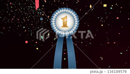 Image of medal with gold number one and blue ribbon and confetti floating on black background 116189576
