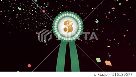 Image of medal with gold number three and green ribbon and confetti floating on black background 116189577