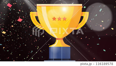 Image of gold cup and confetti floating on black background Image of gold cup and confetti floating on black background 116189578