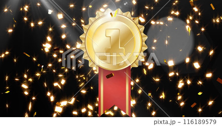 Image of gold medal and confetti floating on black background 116189579