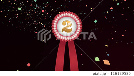 Image of medal with gold number two and red ribbon and confetti floating on black background 116189580