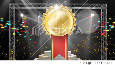 Image of gold medal and confetti floating on black background Image of gold medal and confetti floating on black background 116189581