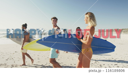 Image of happy 4th of july text with american flag pattern over friends with surfboards on beach Image of happy 4th of july text with american flag pattern over friends with surfboards on beach 116189806