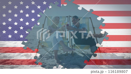 Image of american flag jigsaw puzzles revealing senior couple with drinks in deckchairs on beach Image of american flag jigsaw puzzles revealing senior couple with drinks in deckchairs on beach 116189807