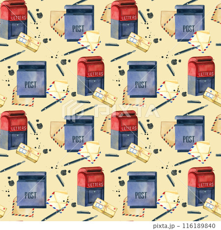 Seamless pattern. Mailbox, letters, stationery, ink. All objects are hand-painted with watercolors. Watercolor illustration. Suitable for printing on fabric, paper, scrapbooking. 116189840