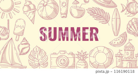 Summer minimalist horizontal banner, beach accessories monochrome icons. Round border frame, copy space. Summertime, holiday and vacation. For poster, flyer, card, invitation, social media, postcard Summer minimalist horizontal banner, beach accessories monochrome icons. Round border frame, copy space. Summertime, holiday and vacation. For poster, flyer, card, invitation, social media, postcard 116190118
