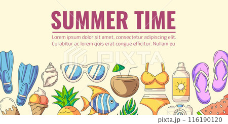 Summer colorful horizontal banner, beach accessories icons. Bottom border frame, copy space. Summertime, holiday and vacation. For poster, flyer, card, invitation, social media, postcard Summer colorful horizontal banner, beach accessories icons. Bottom border frame, copy space. Summertime, holiday and vacation. For poster, flyer, card, invitation, social media, postcard 116190120