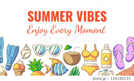 Summer horizontal banner with beach accessories icons. Bottom border of frame and copy space, isolated on white. Summer vibes, enjoy every moment. For poster, flyer, card, invitation, social media 116190135