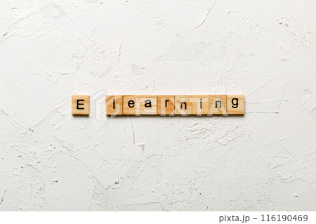 E learning word written on wood block. Elearning text on cement table for your desing, concept 116190469