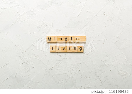 mindful living word written on wood block. mindful living text on table, concept 116190483