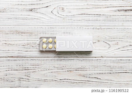Blank White Product Package Box Mock-up. Open blank medicine drug box with blister top view Blank White Product Package Box Mock-up. Open blank medicine drug box with blister top view 116190522