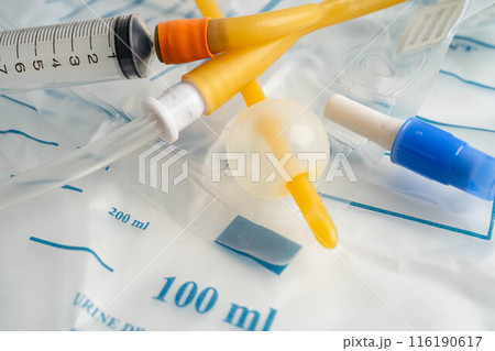 Foley urinary catheter with urine bag for disability or patient in hospital. 116190617