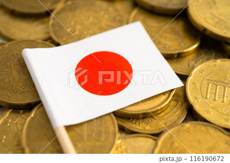 Japan flag on gold coins, finance and banking business. 116190672