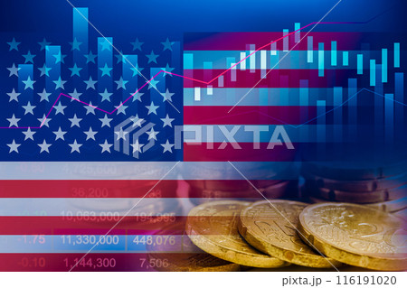 US America flag on stock investment trading with coin and graph. 116191020