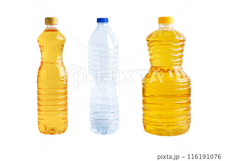 Vegetable oil  and water in bottle isolated on white background. 116191076