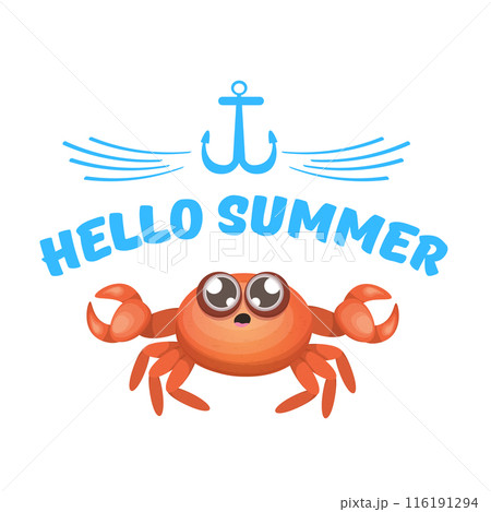 hello summer poster design template with funky red crab character isolated on transparent white background. hello summer beach party design template with crab and text. Hello summer sticker 116191294