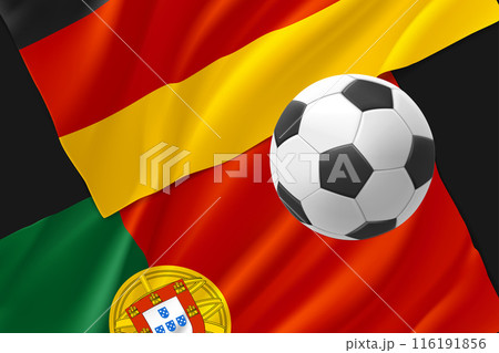 Two national football team match announcement. Germany vs Portugal. 3d vector illustration Two national football team match announcement. Germany vs Portugal. 3d vector illustration 116191856