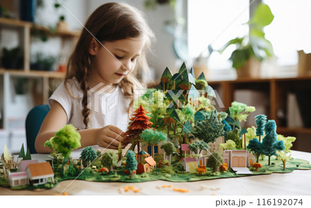 Girl schoolgirl doing homework environmental project about environmental protection in the classroom, back to school concept 116192074