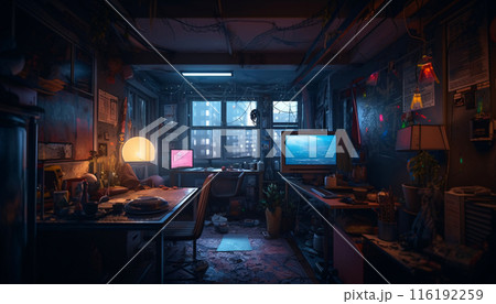 Mess in the room of the house, garbage and trash, retro computer and garbage collection in neon light. Generative AI 116192259