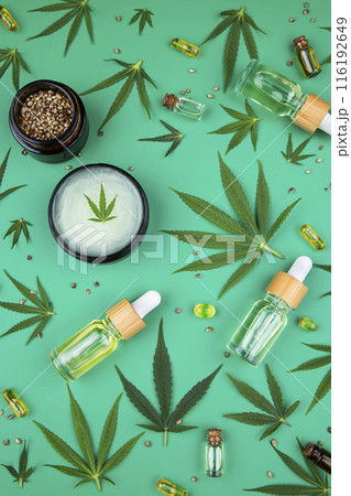 Flat lay composition of marijuana and hemp seeds on green color paper background Flat lay composition of marijuana and hemp seeds on green color paper background 116192649