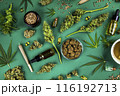 Top view of marijuana leaves and cannabis buds, cbd concept 116192713