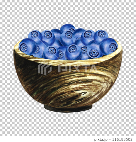 Blueberries in a wooden bowl. Ripe wild berries. A hand-drawn watercolor illustration. Isolate. For packages, labels and flyers. For banners, stickers and postcards. 116193502