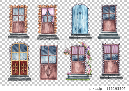 Clip art with retro doors. Cute vintage Provence style doors. Watercolor illustrations made by hand. Highlight them. A design element for home, children's games, postcards and decor. 116193505